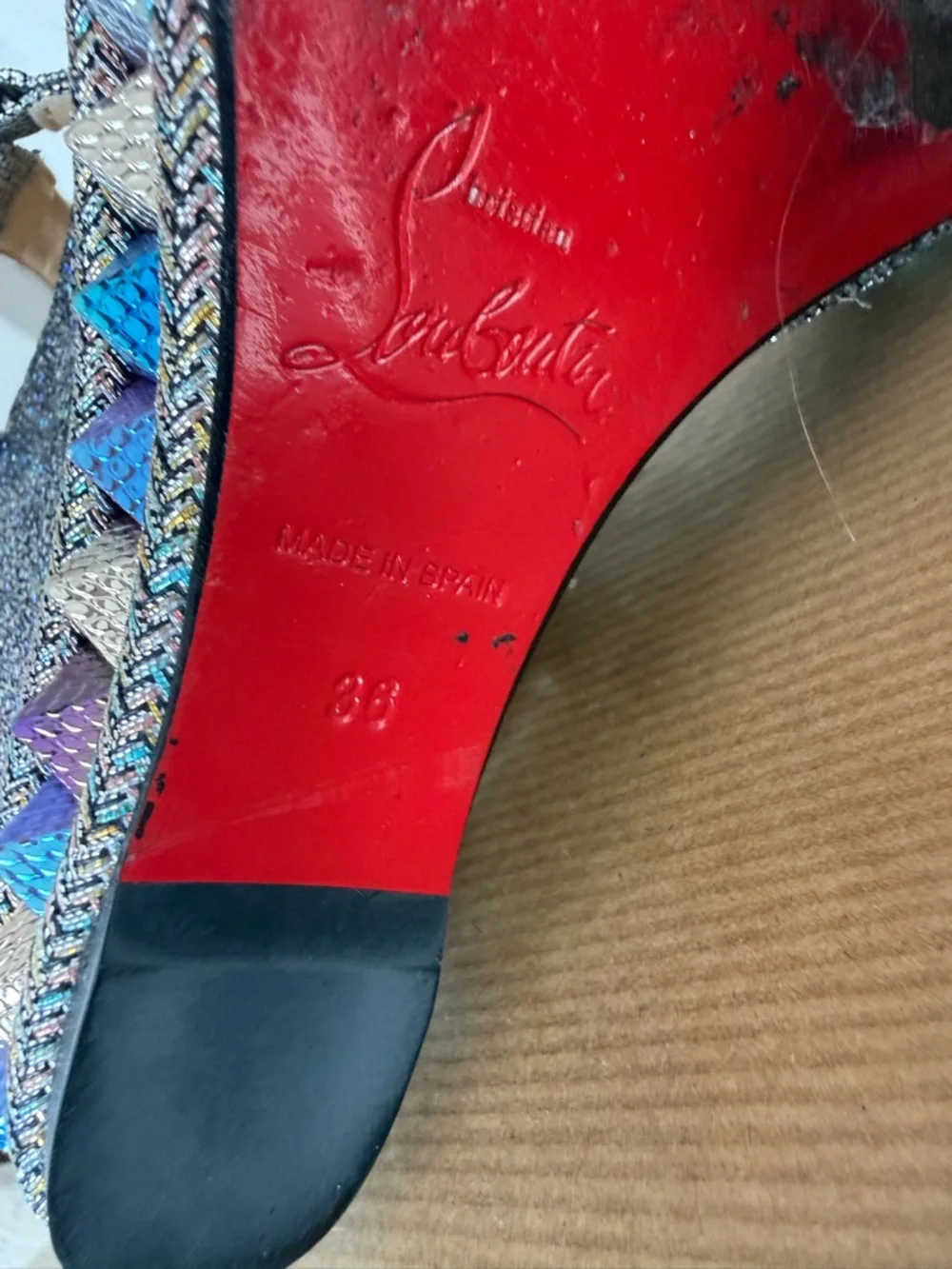 Christian Louboutin Metallic Multicolor Pyramid-Stud Platform Sandals - Picture 6 of 7